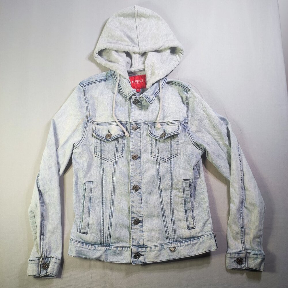 Guess Harold Hooded Denim Jacket youth size M hard washed blue